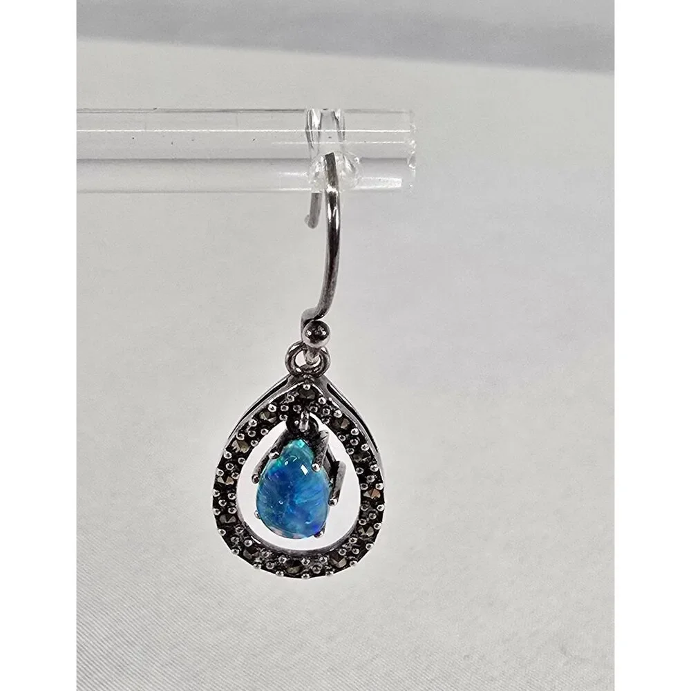 Sterling Silver 925 Synthetic Opal & Marcasite‎ Teardrop Earrings Pierced Hook